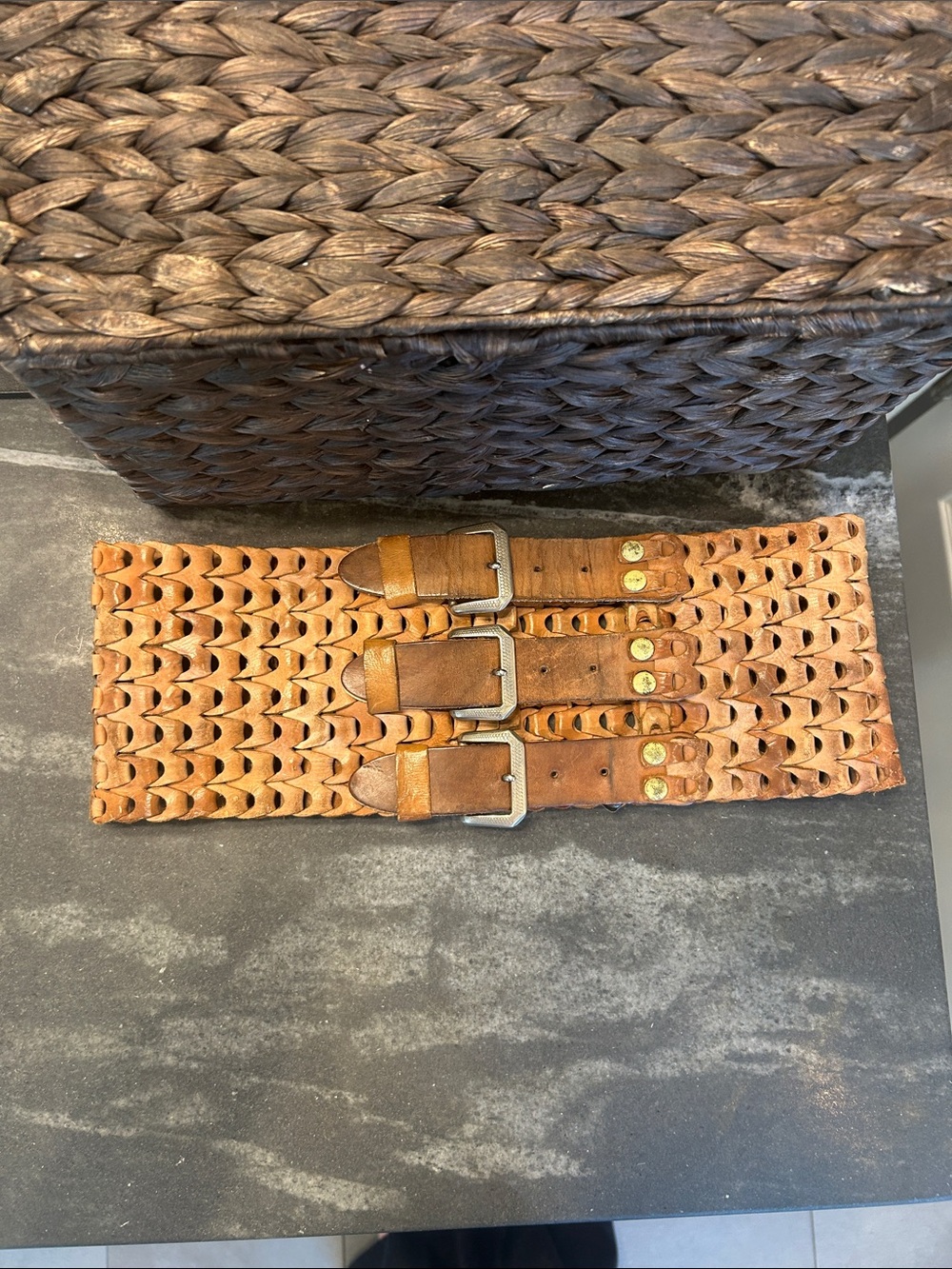 Vintage Free People  Collection, Woven Link, Triple Buckle Corset Belt in Cognac - Picture 5 of 16